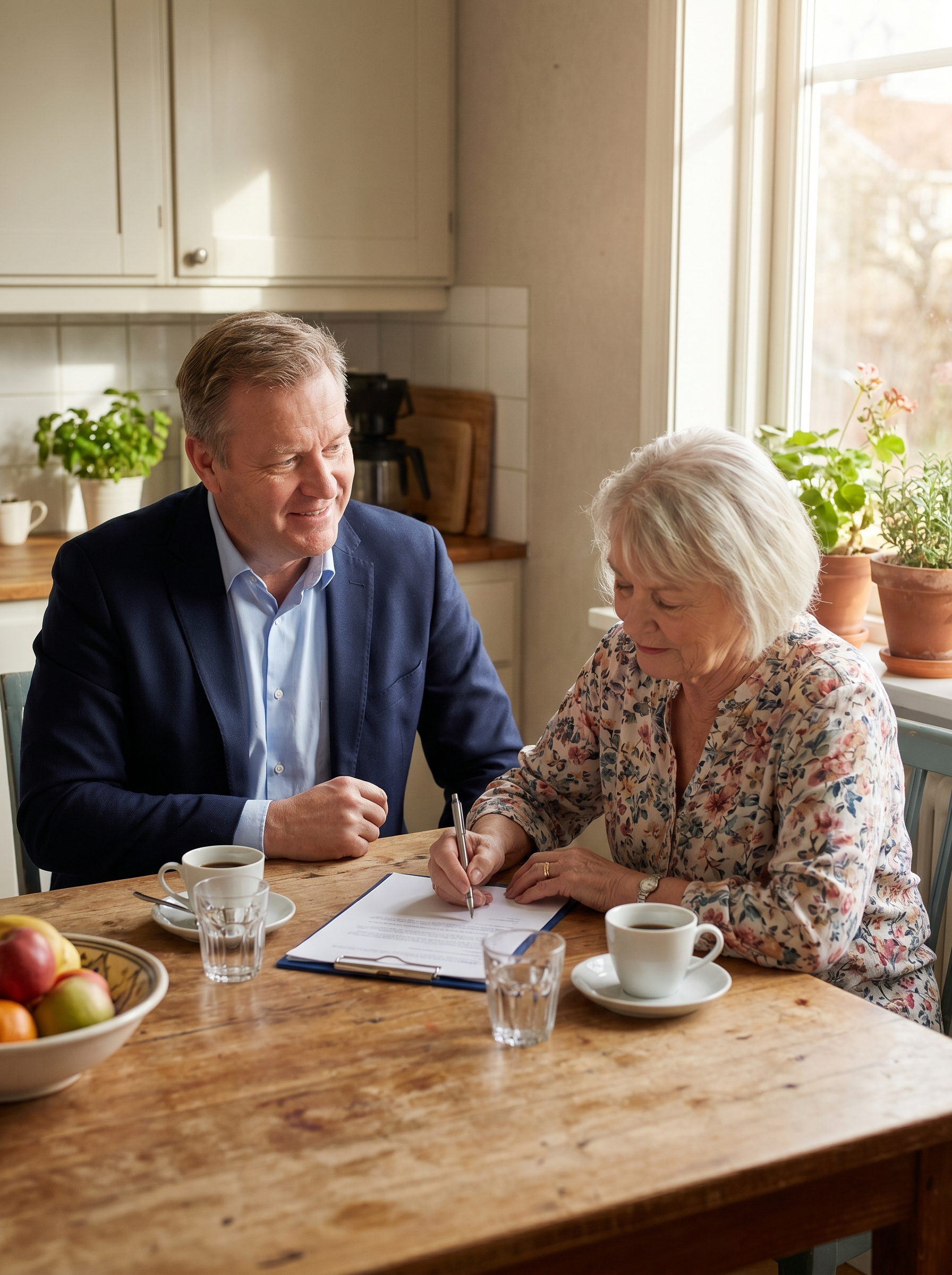 Mobile notary meeting with a couple at their Sacramento home to notarize important legal documents